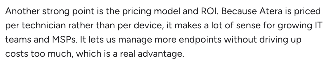 Atera’s review on G2 A screenshot from Emil C. telling about the benefits of Atera's pricing as Automox alternative