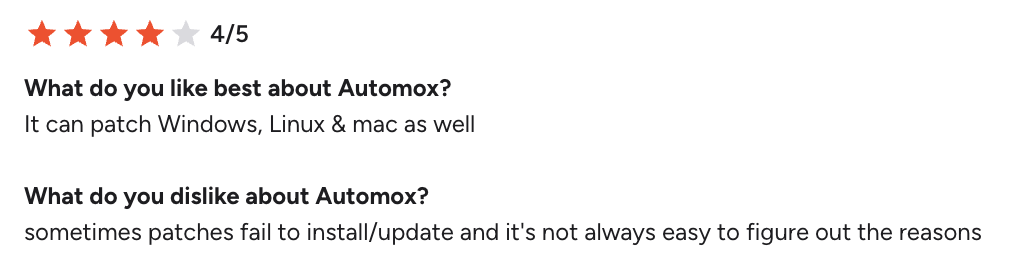 Automox review on G2 A screenshot from Automox customer on G2
