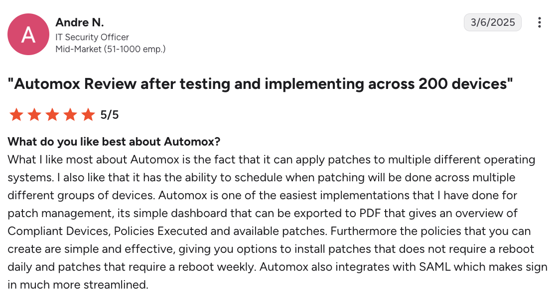 Automox user review on G2 A screenshot from Automox customer on G2