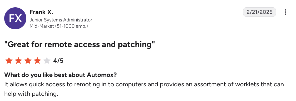 Automox user review on G2 A screenshot from Automox customer on G2
