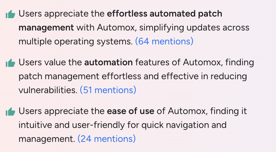 A screenshot of the pros list of Automox