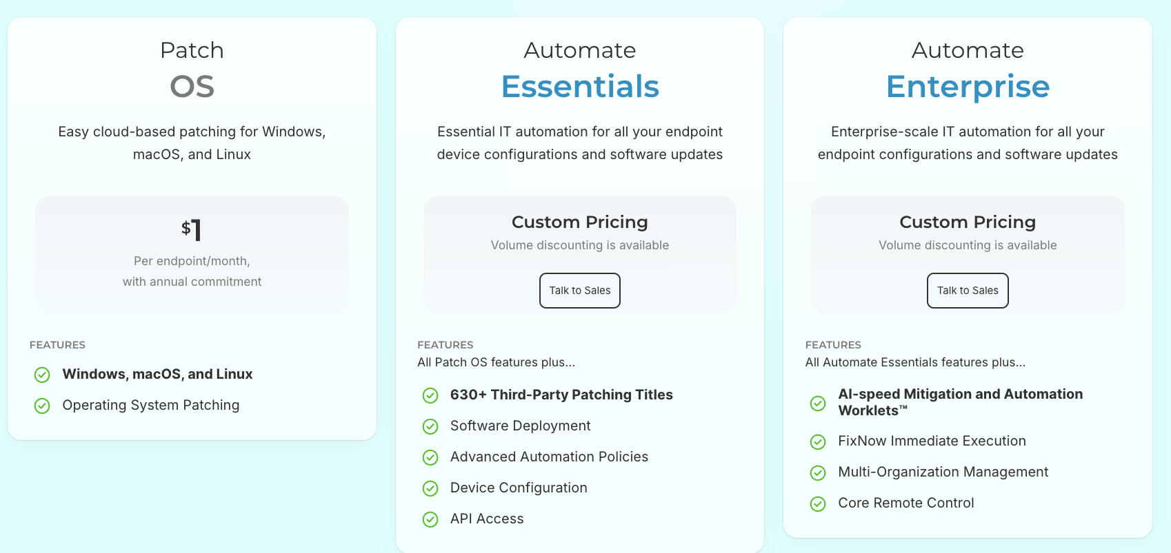 Automox pricing options A screenshot of Automox pricing plans