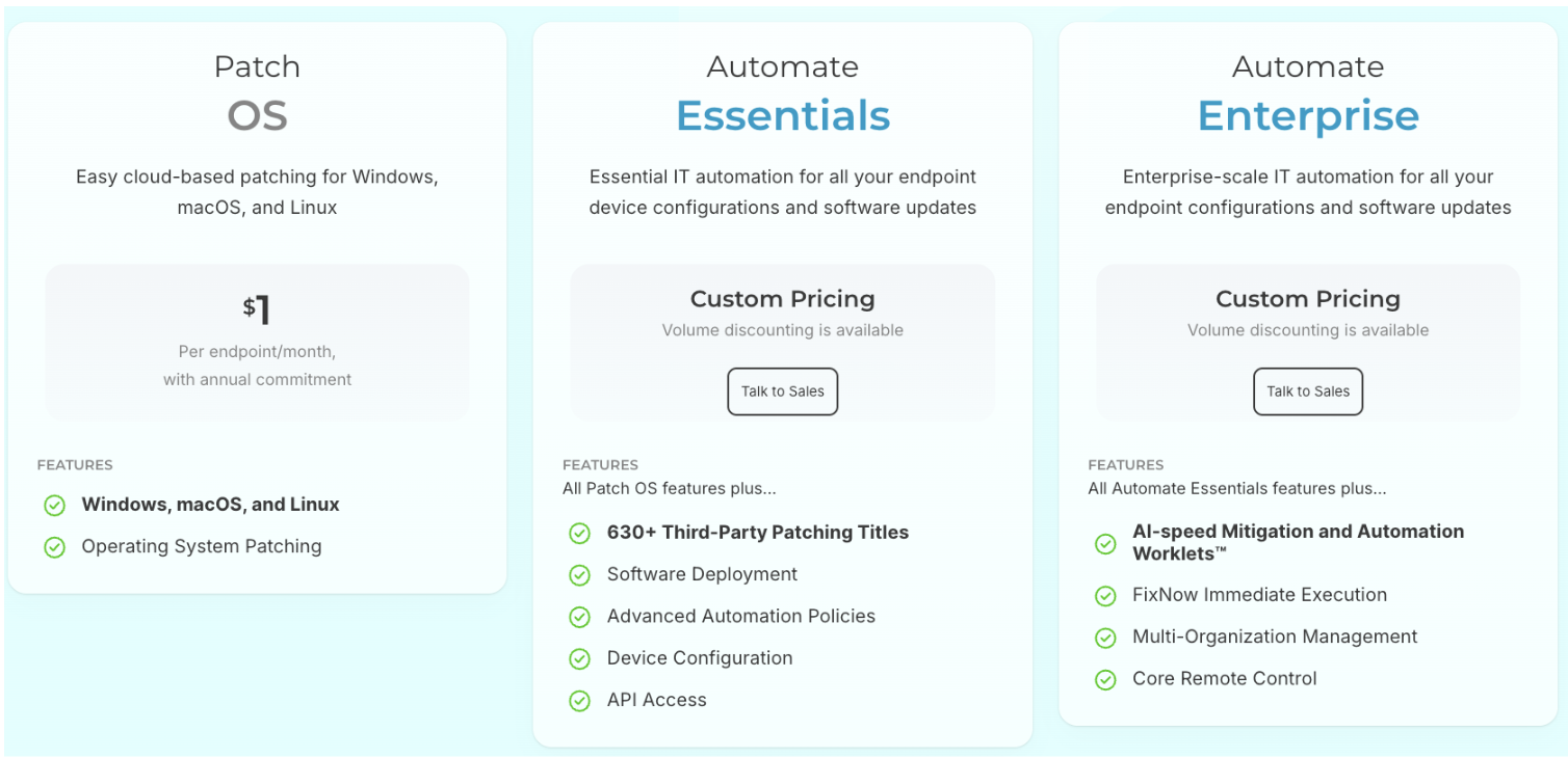 Screenshot of Automox's pricing plans