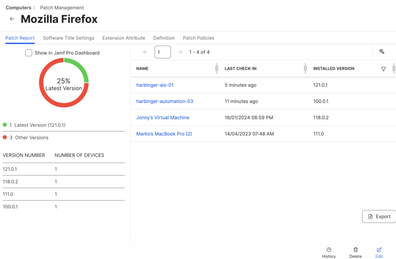 Jamf Pro patch management report A screenshot of Jamf Pro patch report