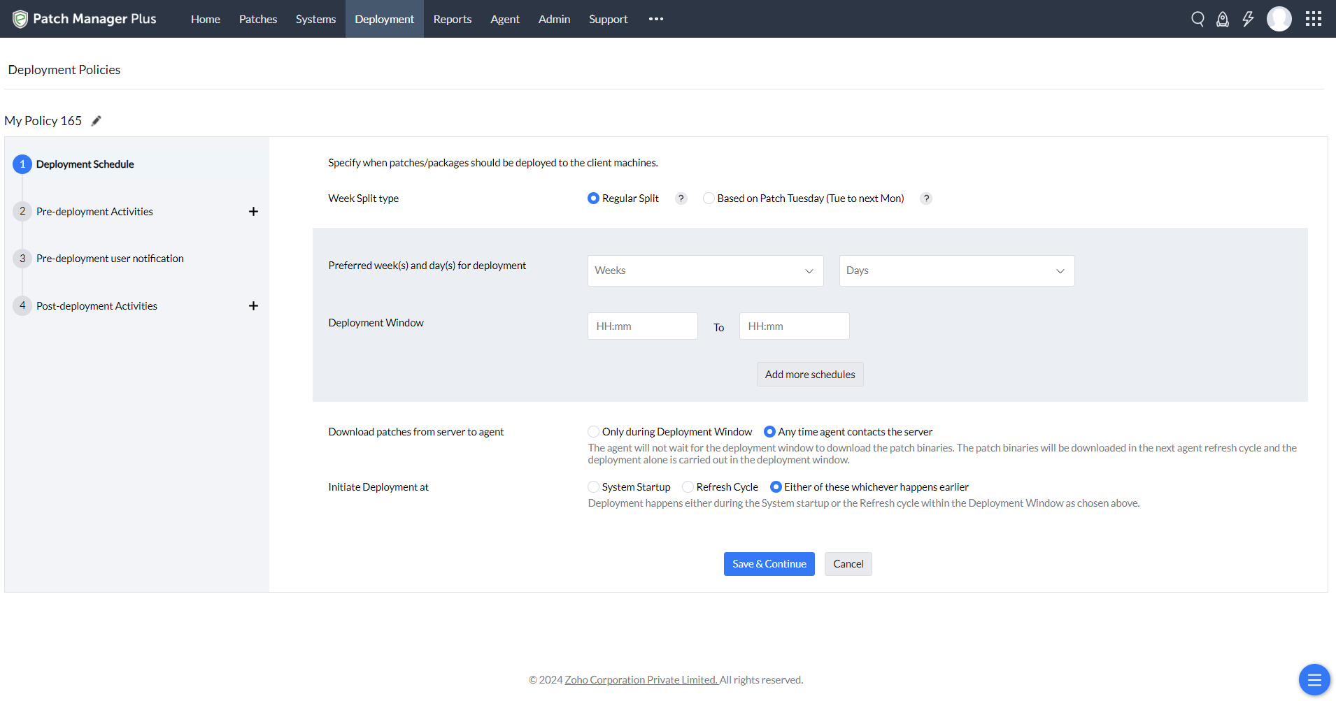 Patch Manager Plus deployment policies A screenshot of Patch Manager Plus deployment policies