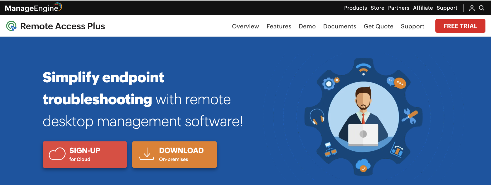 A screenshot of ManageEngine Remote Access Plus home page