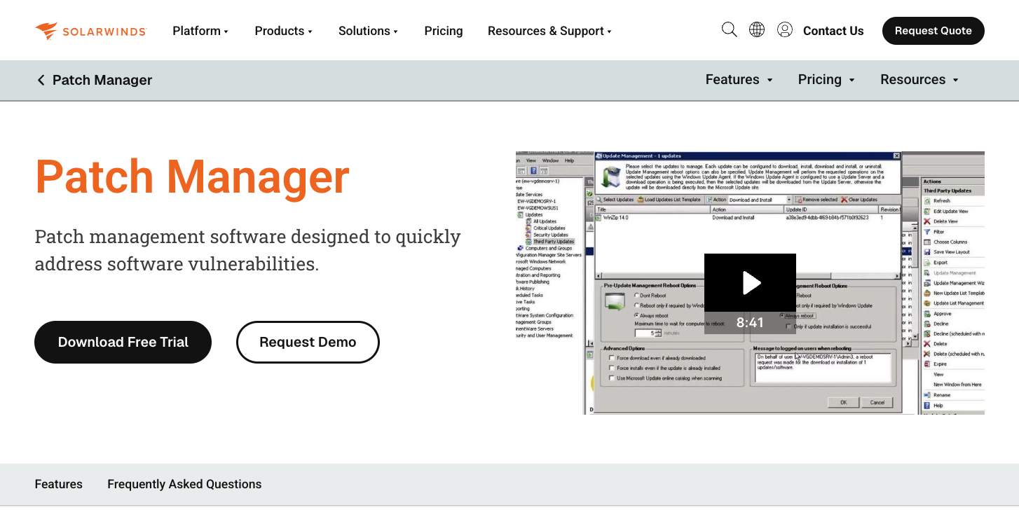 Home page of SolarWinds A screenshot of SolarWinds Patch Manager's home page