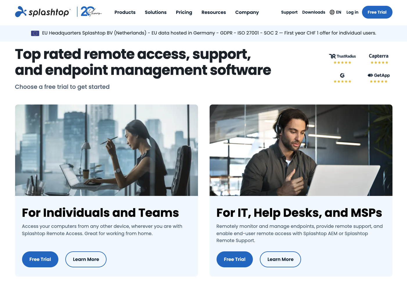 A screenshot of Splashtop home page
