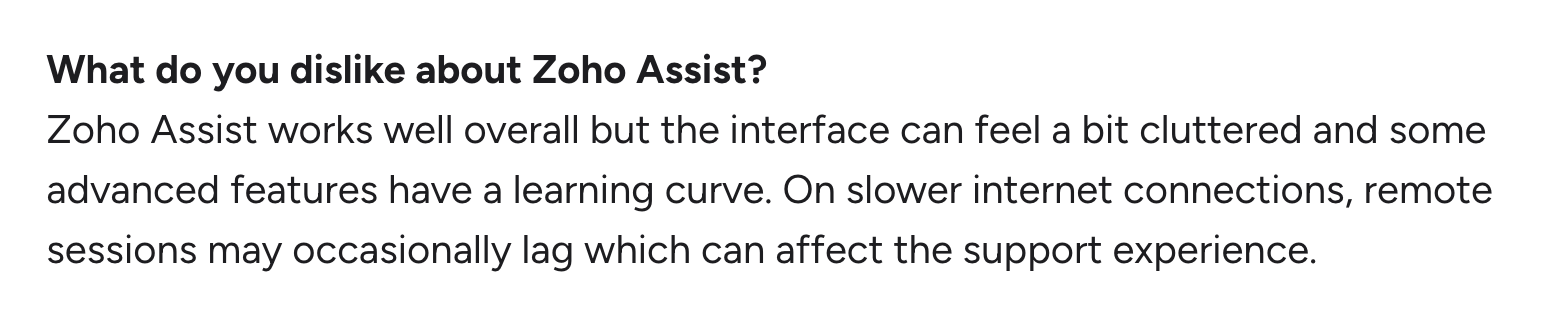 A screenshot of G2 review about Zoho Assist