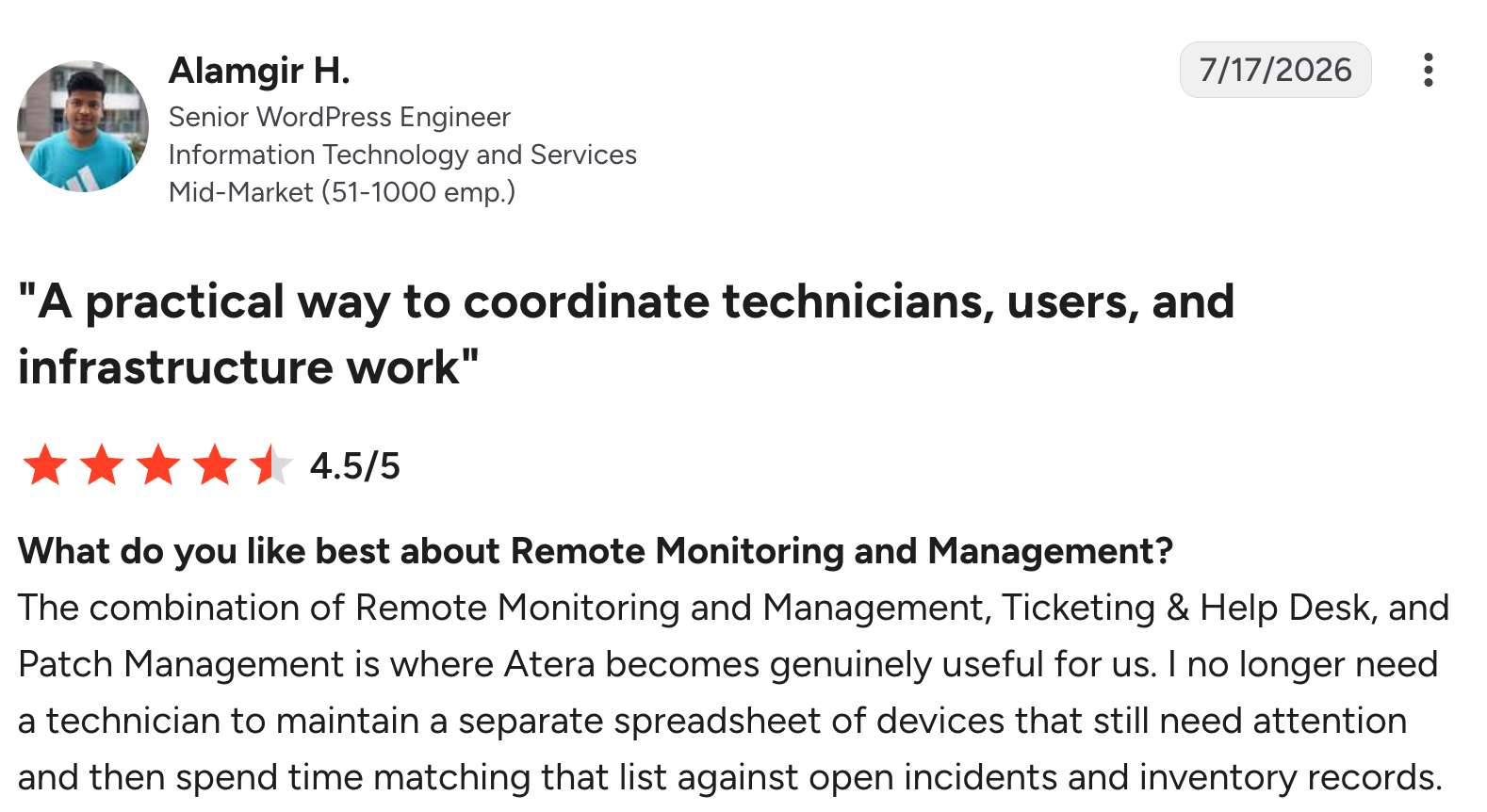 A screenshot of Atera user review on G2